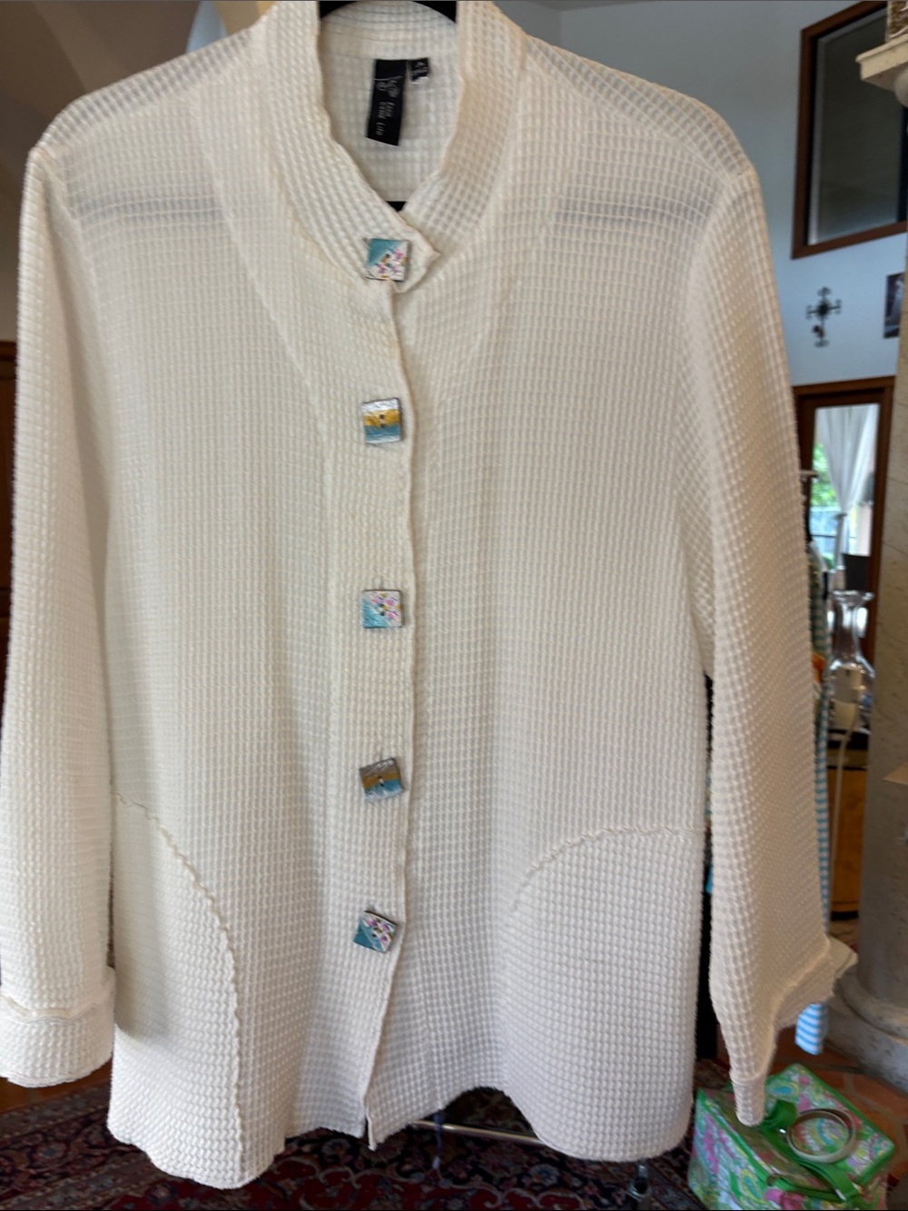 hundred percent cotton waffle, texture cardigan with painted button buttons